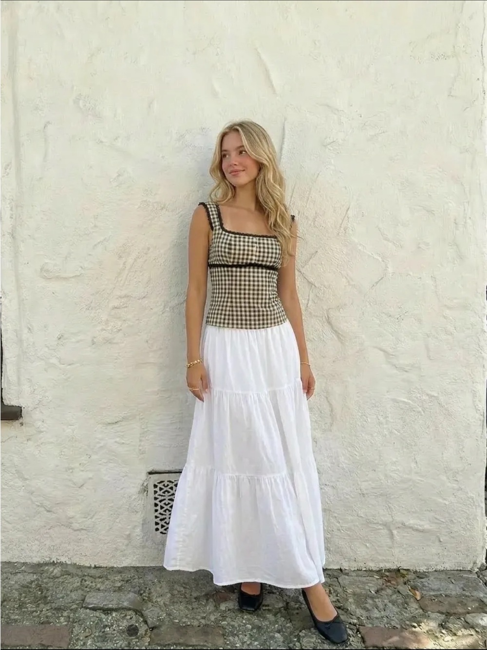 Cider Black & Cream Gingham Lace-Trim Square Neck Camisole - Picture 3 of 9